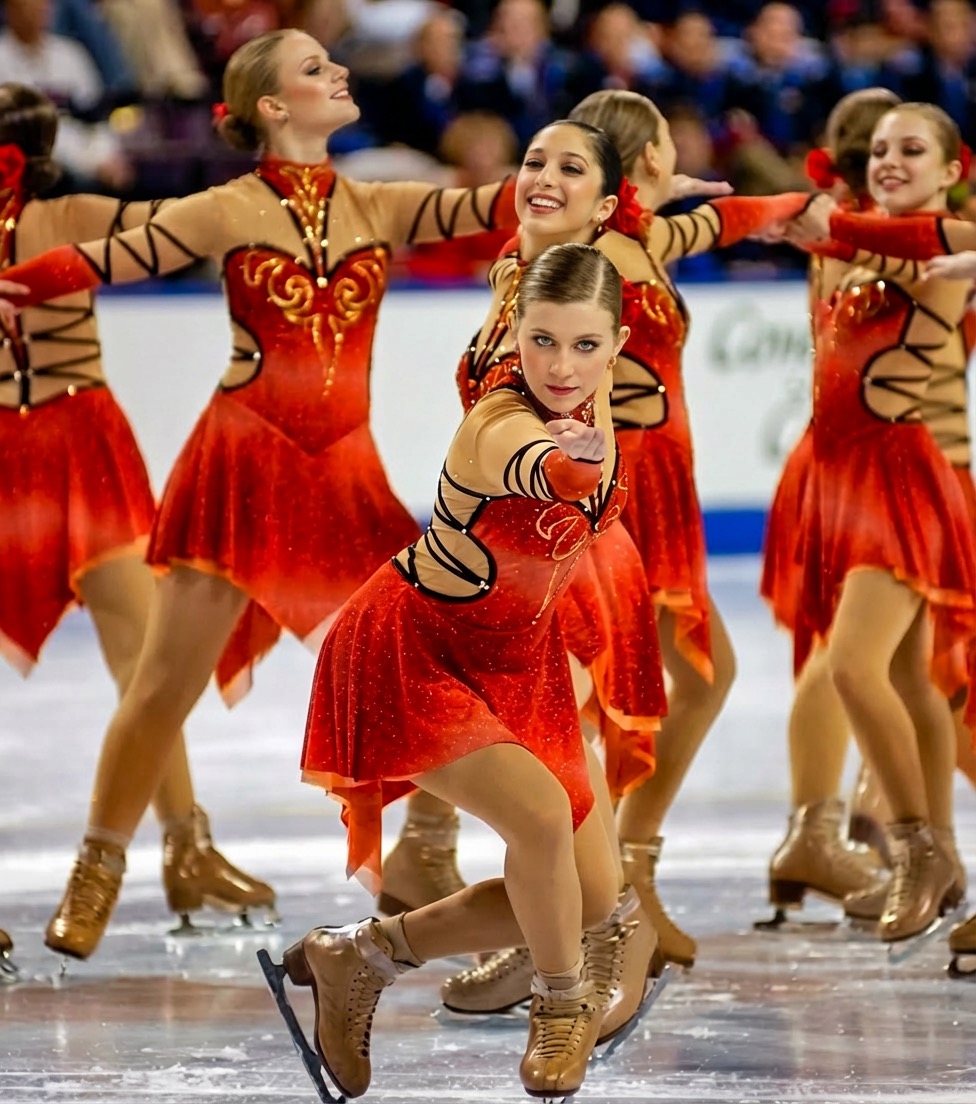 Custom synchronized skating dresses for a competitive team
